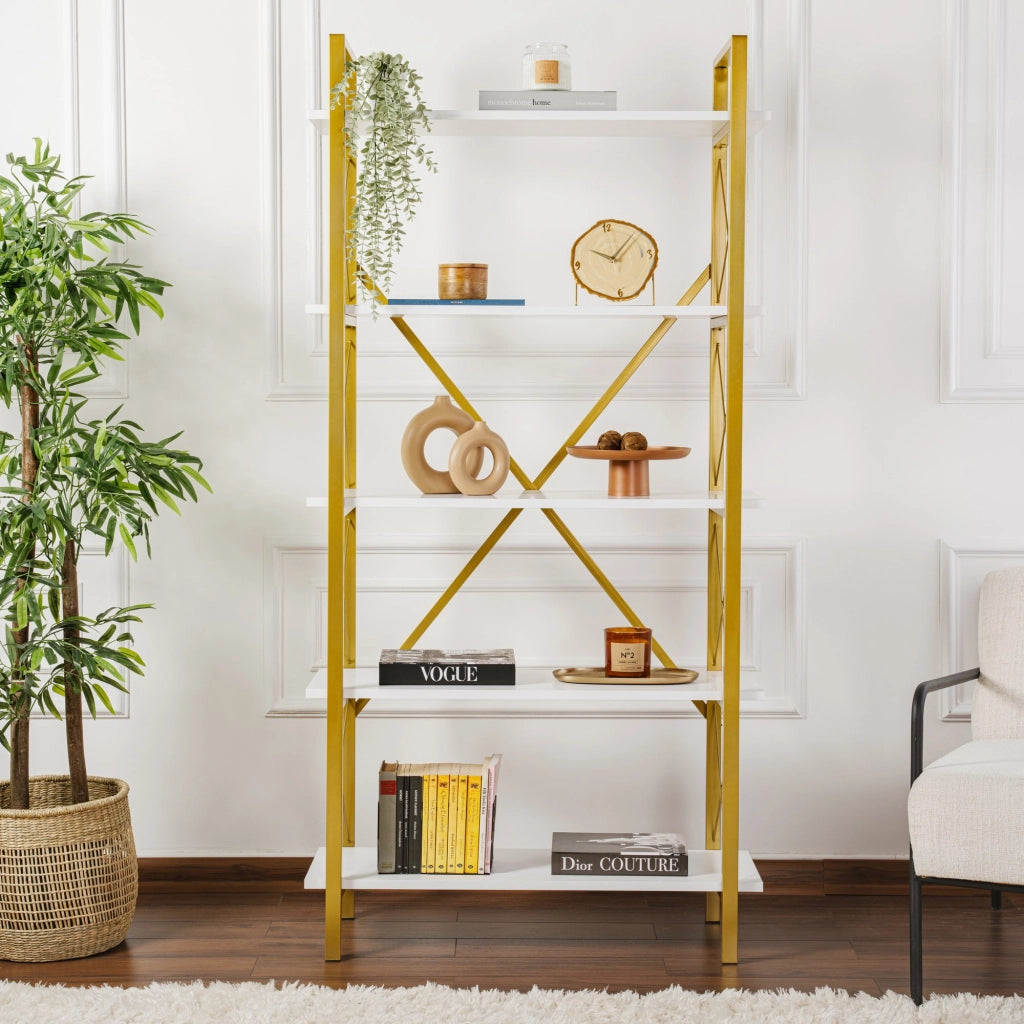 Libreria in legno "Elysian" - 90 x 33 x 180 cm - Bianco oro