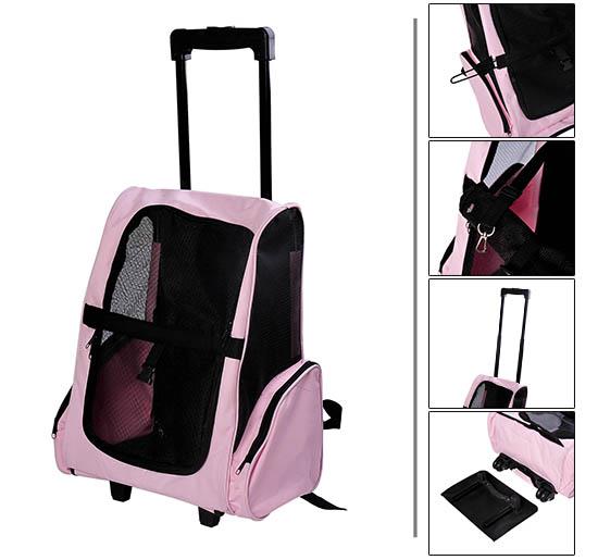 TROLLEY ZAINO DI VIAGGIO PER ANIMALI DOMESTICI MULTIUSO 2 IN 1 36X30X49 CM ROSA