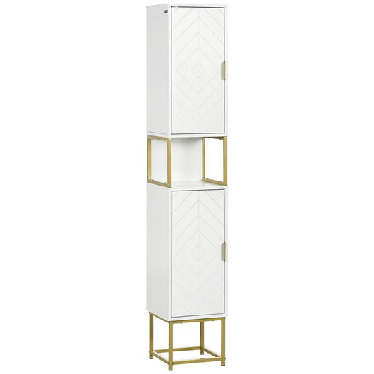 COLONNA BAGNO CON 2 ARMADIETTI E RIPIANO IN MDF E ACCIAIO, 30X30X170.7CM, BIANCO E ORO