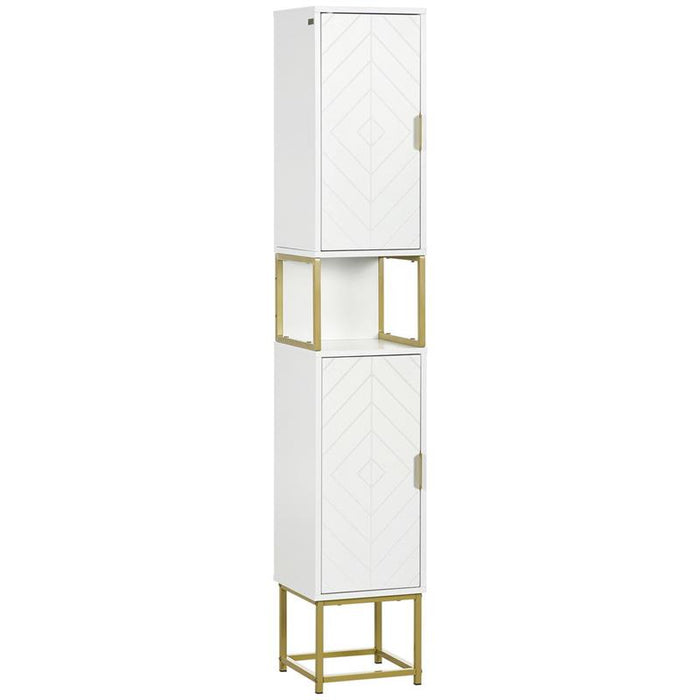 COLONNA BAGNO CON 2 ARMADIETTI E RIPIANO IN MDF E ACCIAIO, 30X30X170.7CM, BIANCO E ORO
