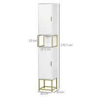 COLONNA BAGNO CON 2 ARMADIETTI E RIPIANO IN MDF E ACCIAIO, 30X30X170.7CM, BIANCO E ORO