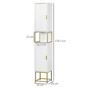 COLONNA BAGNO CON 2 ARMADIETTI E RIPIANO IN MDF E ACCIAIO, 30X30X170.7CM, BIANCO E ORO