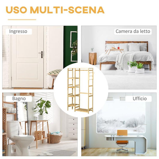 APPENDIABITI DA TERRA IN LEGNO DI BAMBÙ CON MENSOLE LATERALI 90X30X155 CM