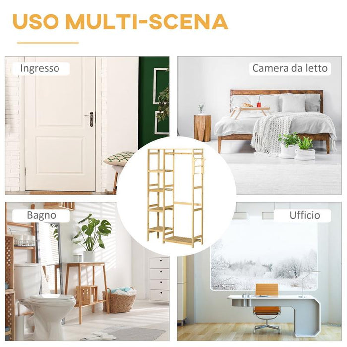 APPENDIABITI DA TERRA IN LEGNO DI BAMBÙ CON MENSOLE LATERALI 90X30X155 CM