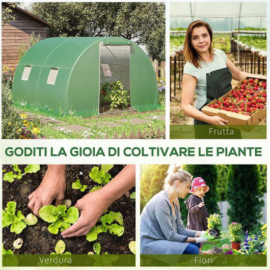 SERRA A TUNNEL DA ESTERNO CON COPERTURA IN PE PORTA CON CERNIERA E 4 FINESTRE VERDE