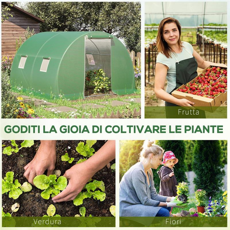 SERRA A TUNNEL DA ESTERNO CON COPERTURA IN PE PORTA CON CERNIERA E 4 FINESTRE VERDE