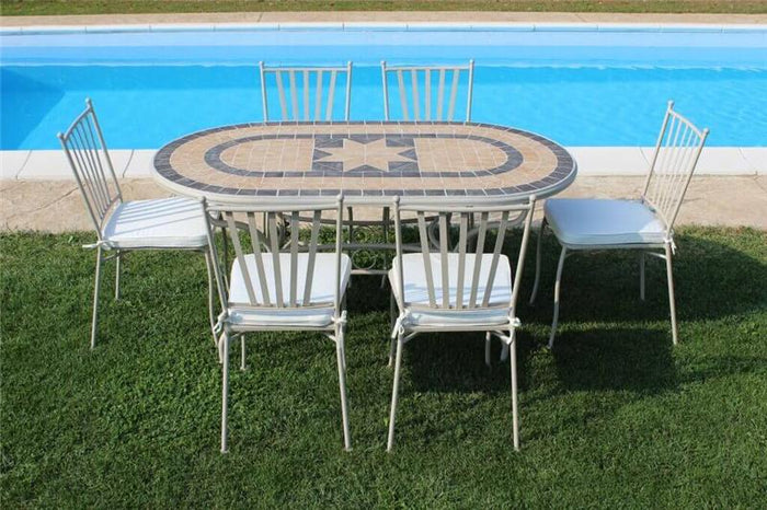 TAVOLO OVALE PERSEO CON MOSAICO MARRONE CHIARO E GRIGIO 160X90X74CM OKX