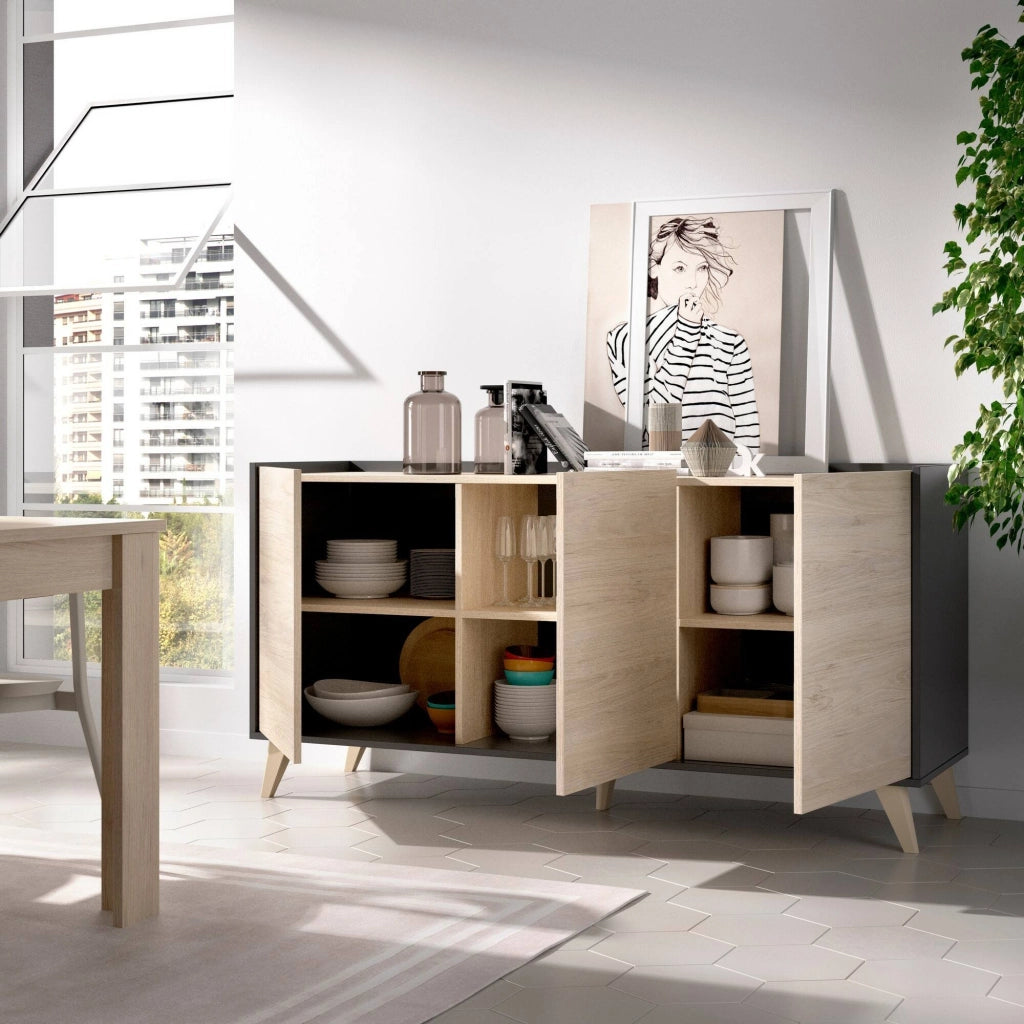 Credenza Afrodite, Buffet da soggiorno, Madia moderna da salotto a 3 ante, 155x43h75 cm, Rovere e Antracite