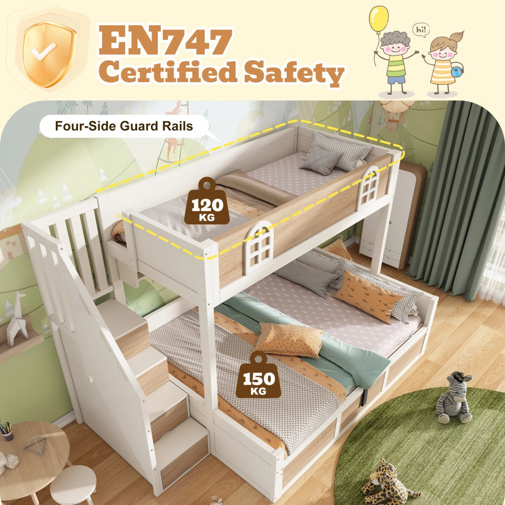 DESMIU Letto a castello bambino 90 × 200 cm e 140 × 200 cm con contenitore, senza materasso, bianco e naturale