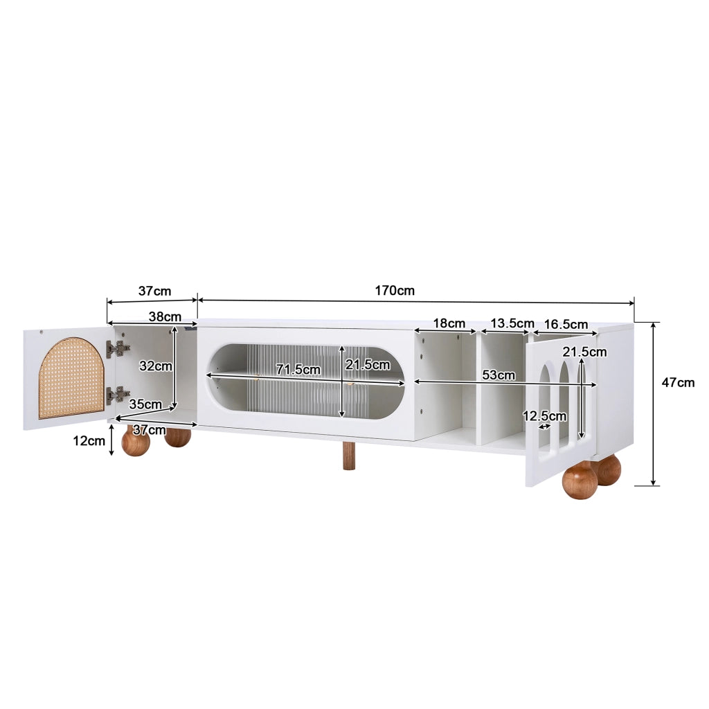 OKWISH Mobile TV con Ante Decorative e 3 Vani Aperti, Anta Scorrevole in Vetro, per Soggiorno, 170 x 47 x 37 cm