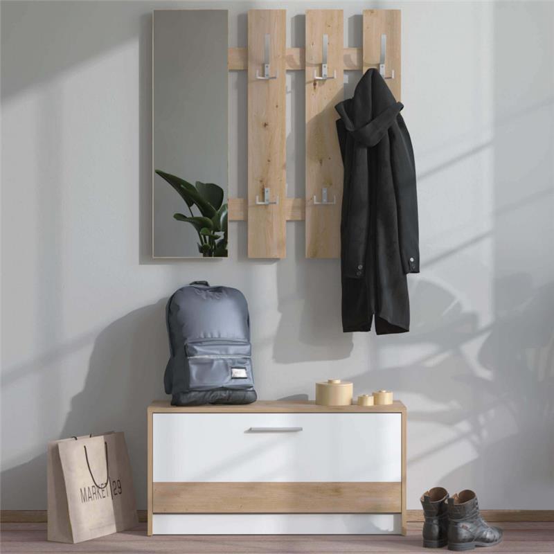 MOBILE PER INGRESSO SCARPIERA E ATTACCAPANNI  IN LEGNO TRUCIOLARE BILAMINATO COLORE ROVERE CHIARO E BIANCO  CM 91,6 X 28,1 X 202 H OKX