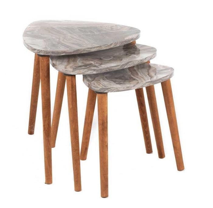 TAVOLINI DAMLA SET 3 PZ IN LEGNO CON EFFETTO MARMO BEIGE FORMA TRIANGOLARE