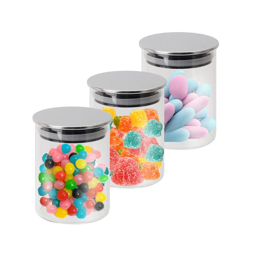 MA MAISON SET 3 BARATTOLI DA CUCINA IN VETRO CON COPERCHIO CROMATO A CHIUSURA ERMETICA 7X9H CM