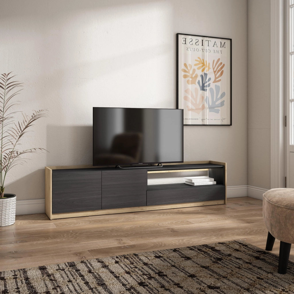 Mobile TV Soggiorno, 207x50x37 cm, Per TV fino a 80", LED, Nero e rovere