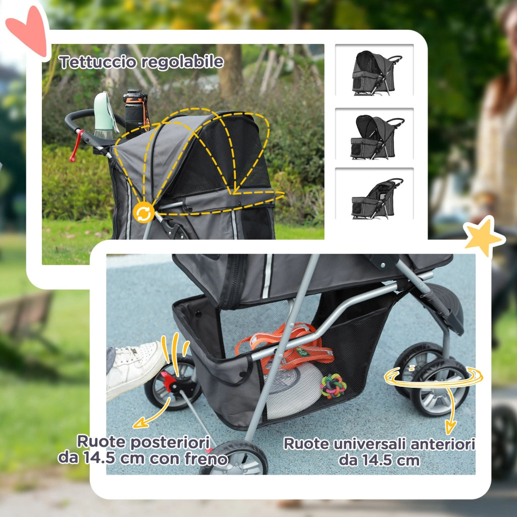Passeggino per Cani Pieghevole 75x45x97 cm con Portabicchieri e Cestino in Tessuto Grigio Carbone