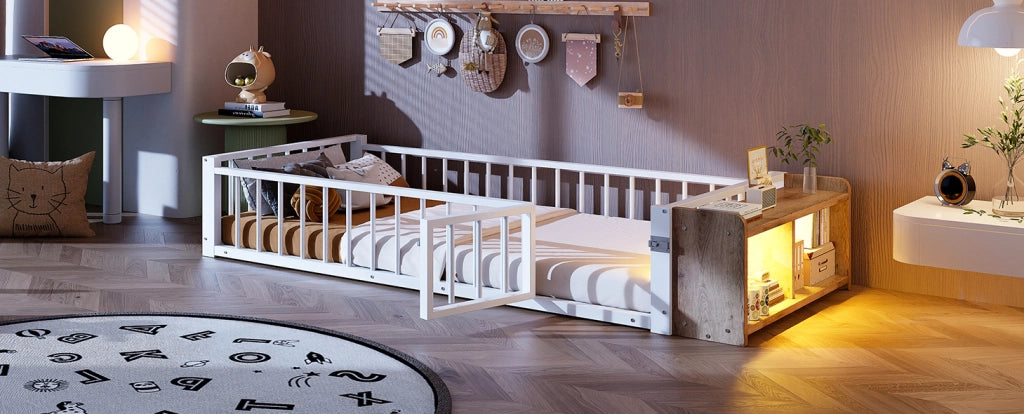 Letto per bambini in metallo 90x200 cm con barriera di protezione e vano aperto