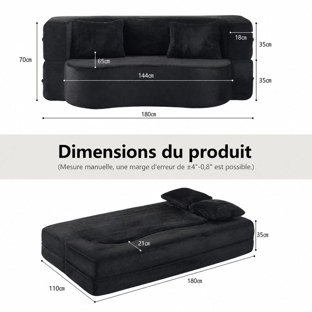 Divano letto pieghevole futon in schiuma con 2 cuscini e rivestimento in peluche corto nero 34 × 34 × 124 cm