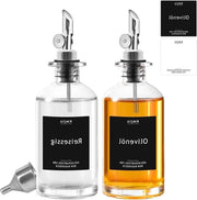 Set di versamento aceto in vetro con dispensatore per olio di oliva - 350 ml - 2 pezzi - 78 etichette - colore argento