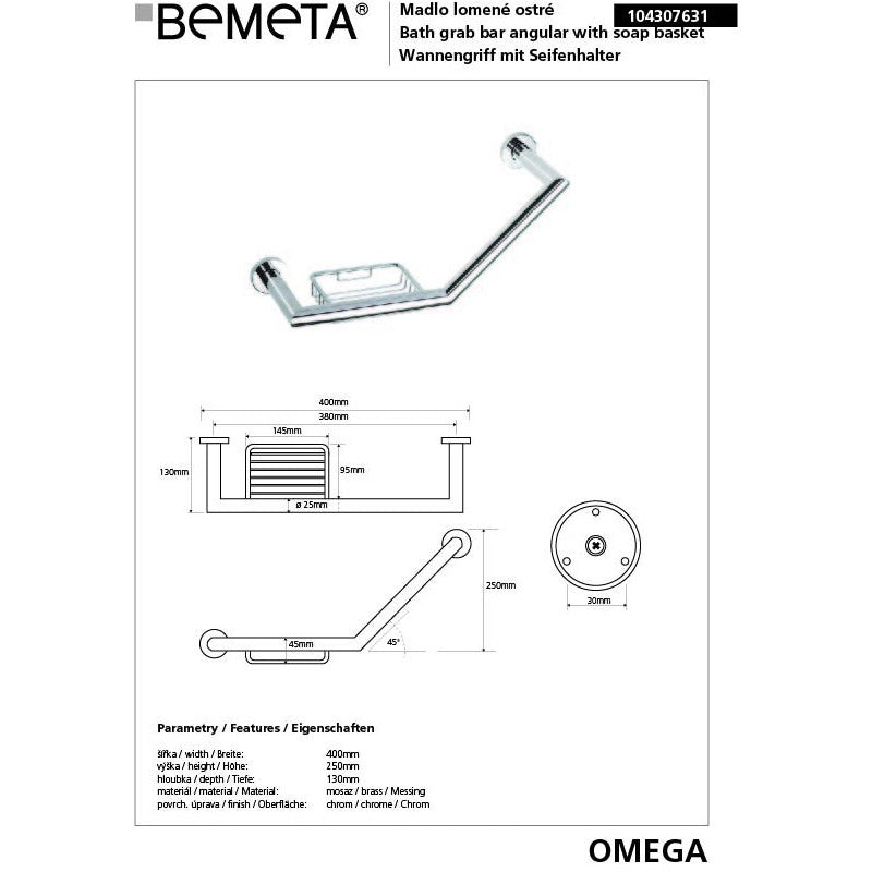 Maniglione angolato con portasapone OMEGA ottone cromato 40x25x13cm