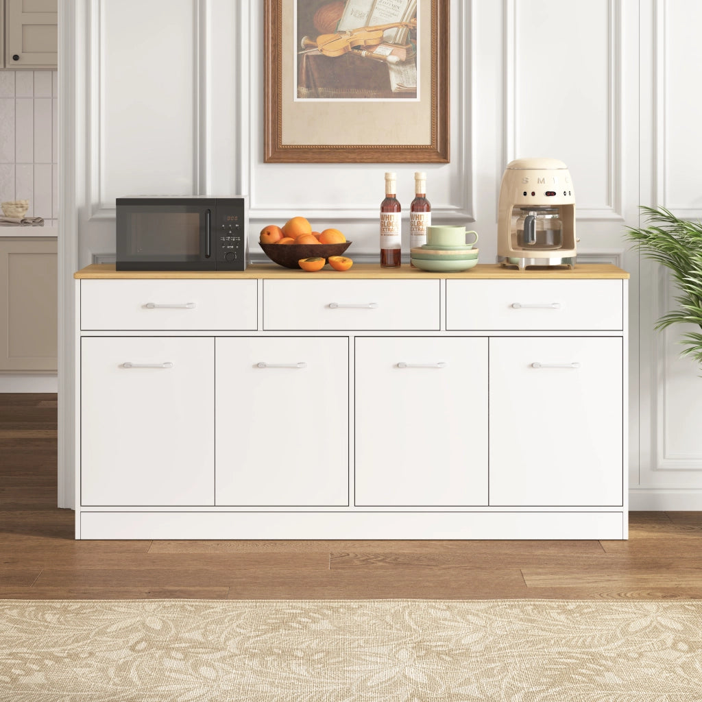 Credenza da cucina con 3 cassetti e ripiani regolabili per cucina e soggiorno in MDF bianco naturale 160 × 37 × 76,5 cm