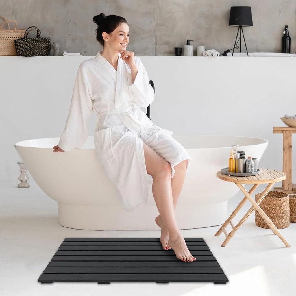 Pedana Doccia in WPC Antiscivolo 100 x 60 cm, Pedana da Bagno Finitura Effetto Legno, Tappetino da Doccia Rettangolare per Vasca e Piscina, da Interno ed Esterno, Nero