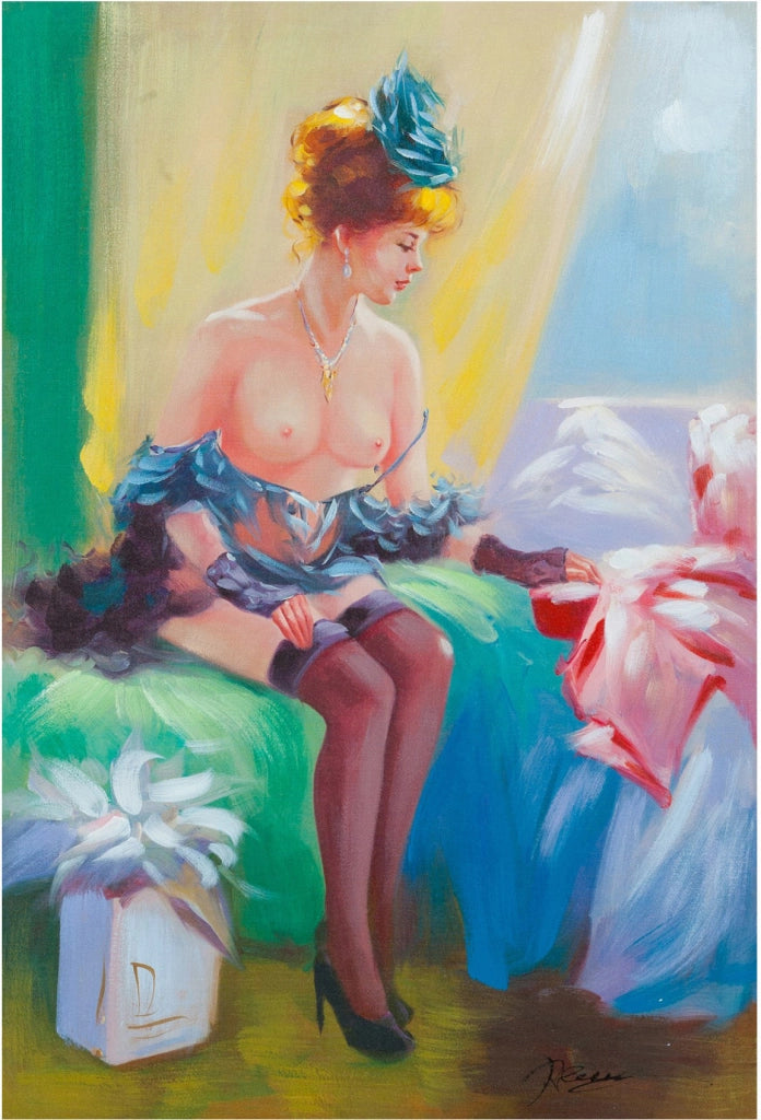 Biscottini Quadro olio su tela dipinto a mano donna seduta su letto 60x3x90 dare tocco