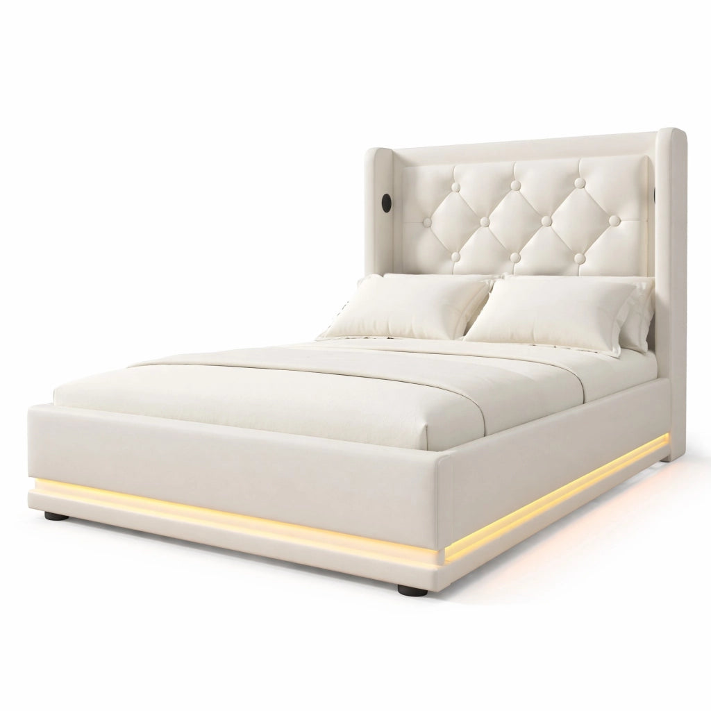 Letto singolo imbottito 90x200 cm in PU bianco, letto contenitore con USB Type-C, LED a 3 lati e materasso