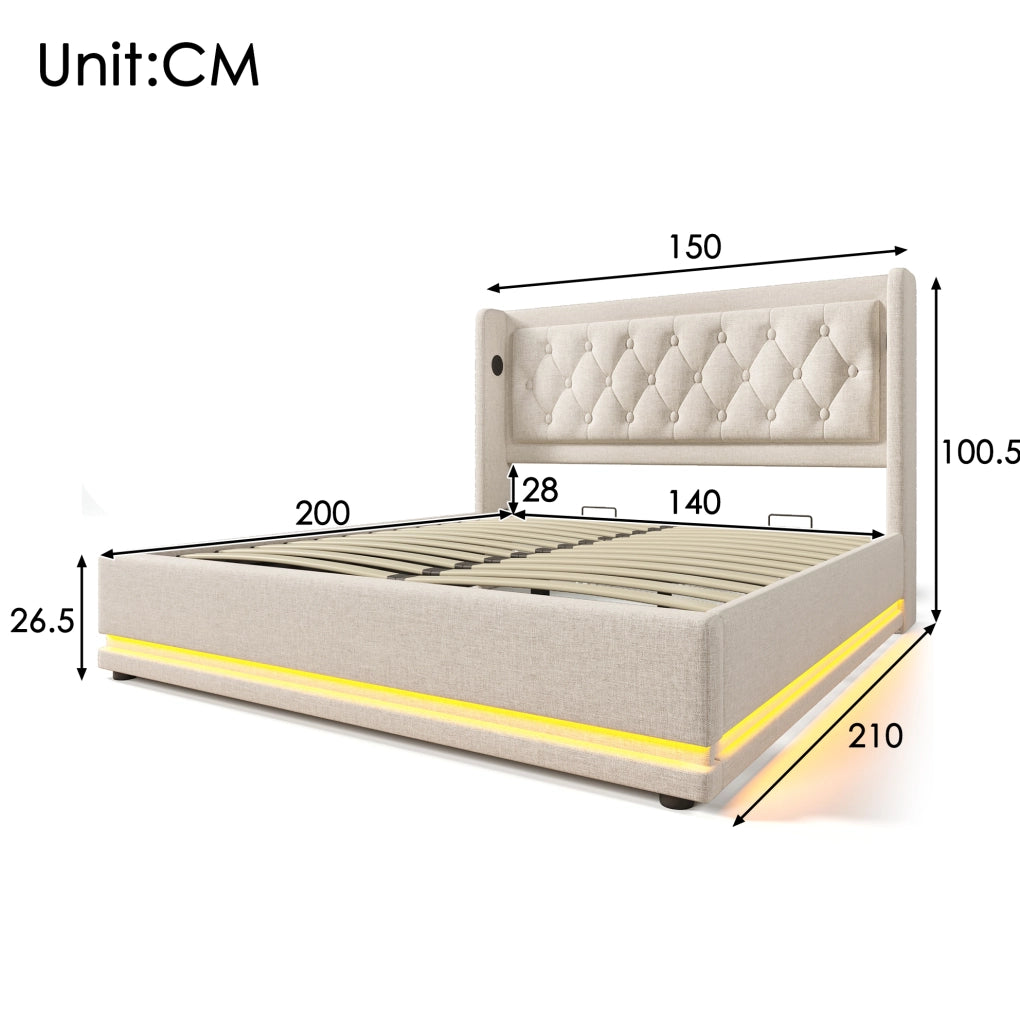 Letto matrimoniale contenitore 140x200 cm beige con LED e USB-C