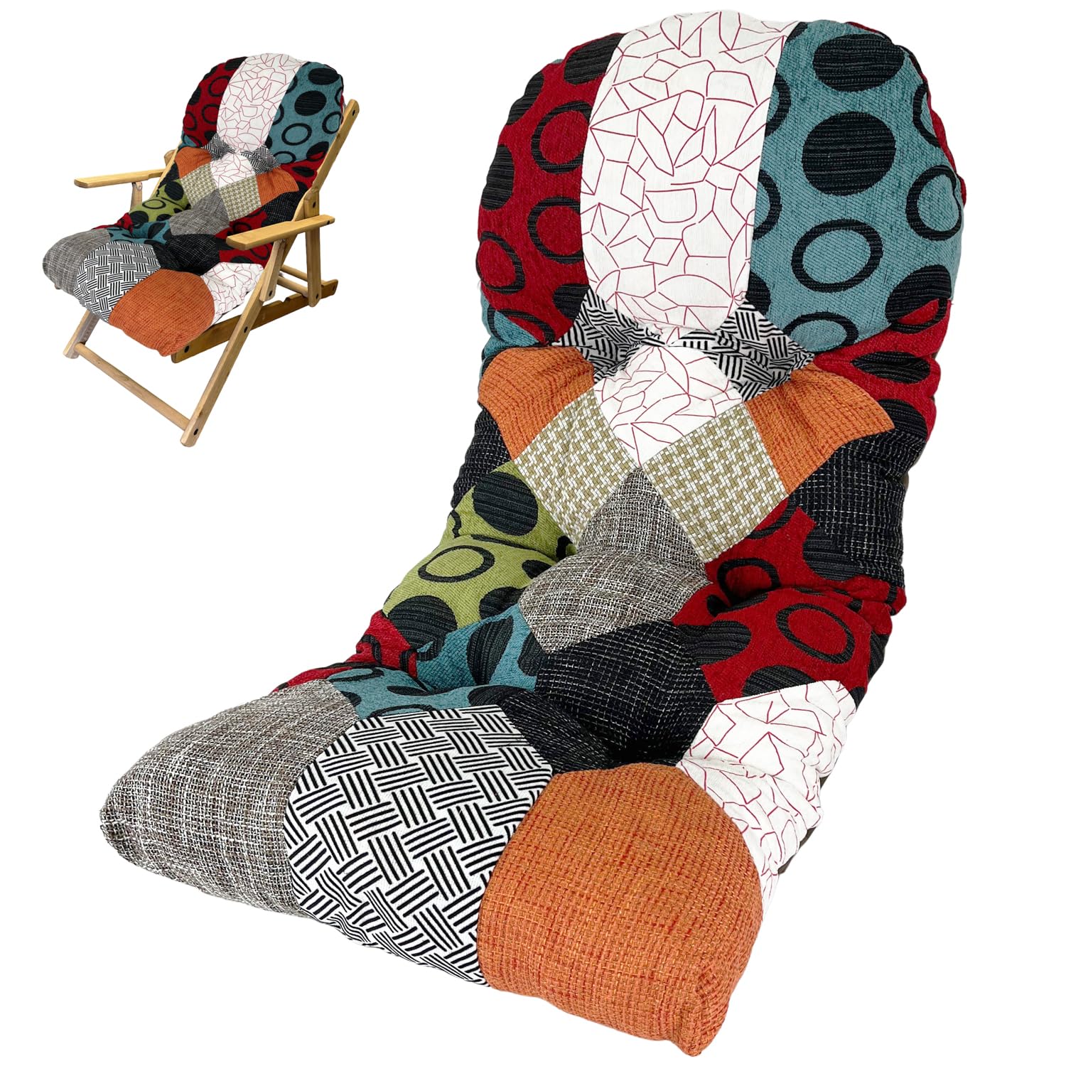 Cuscino Per Poltrona Sedia Sdraio Relax Giardino Esterno Tessuto In Legno Imbottito Reclinabile Pieghevole Patchwork