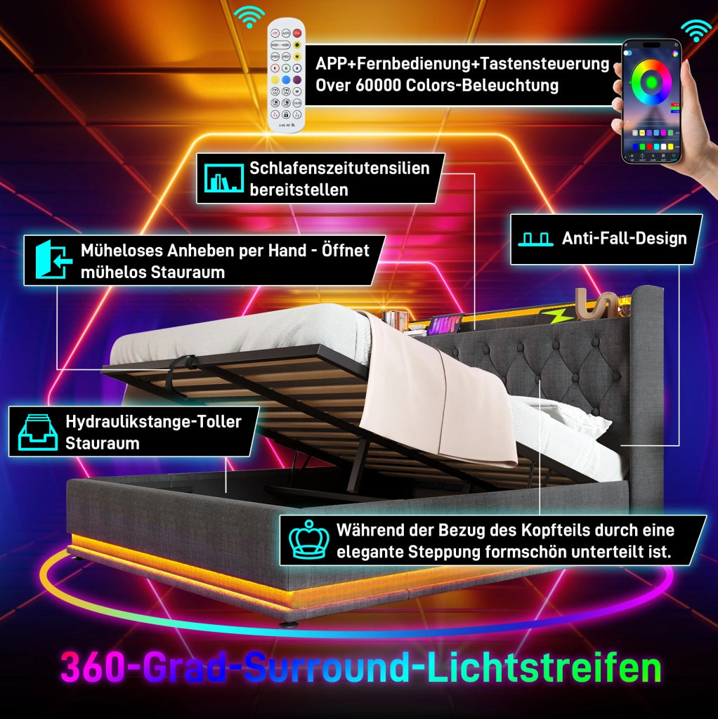 Letto matrimoniale 160x200 cm in lino grigio con LED; contenitore idraulico e ricarica USB Type-C