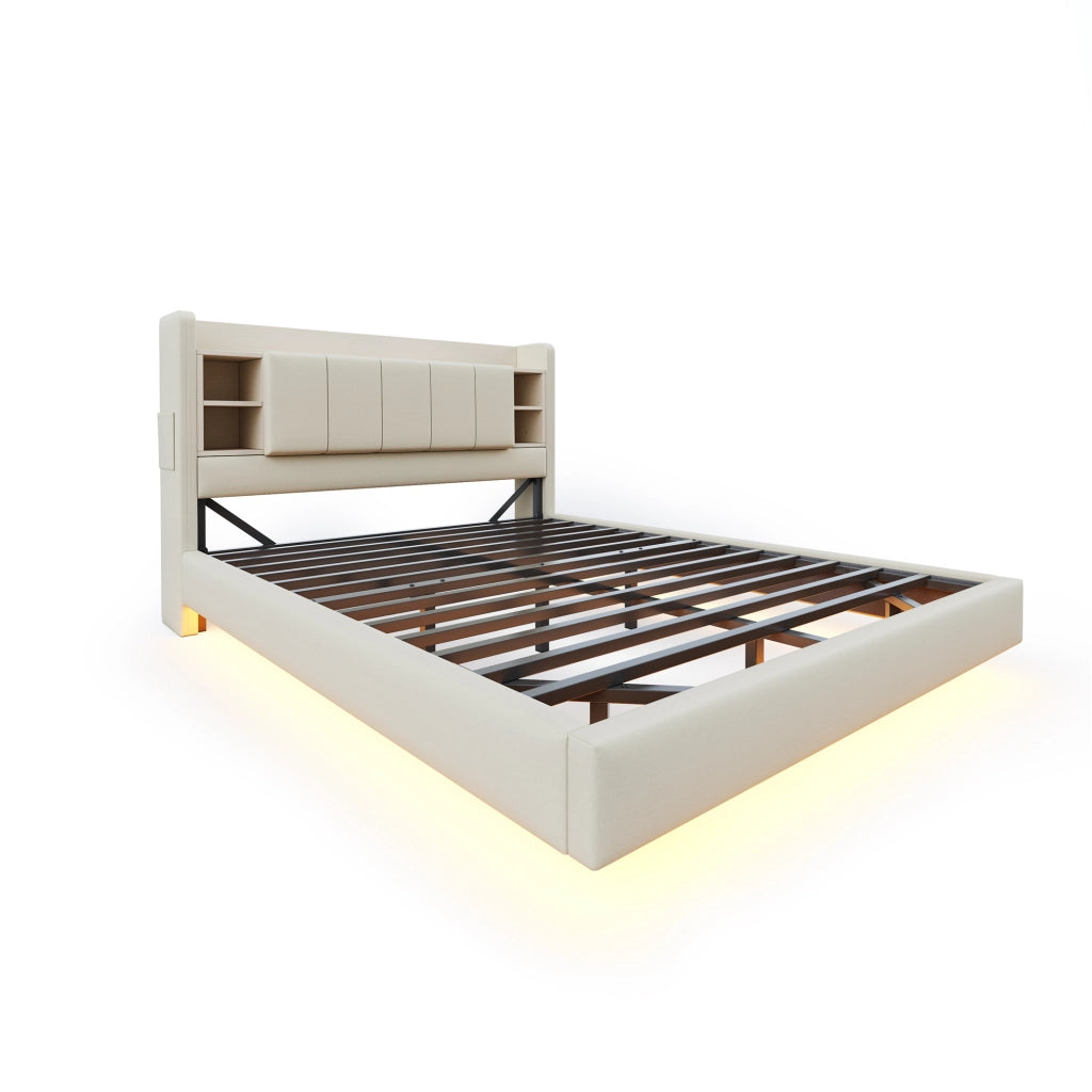 DESMIU Letto contenitore 140 × 200 cm 2 posti con LED, USB, ripiani e vani, senza materasso, beige
