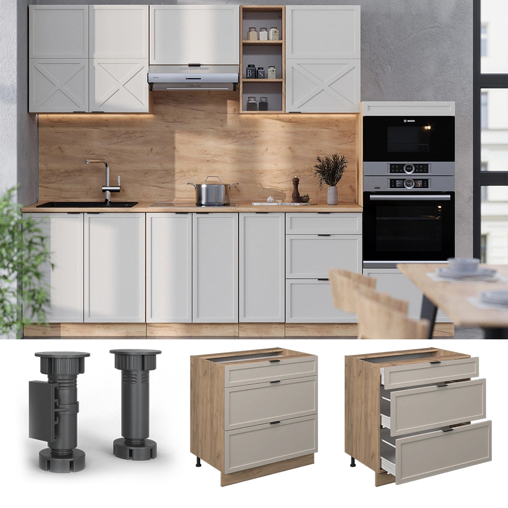 Mobiletto base per cucina Fame-Line GrigioBeige/Rovere dorato 80 cm con 3 cassetti, PL Rovere Vicco