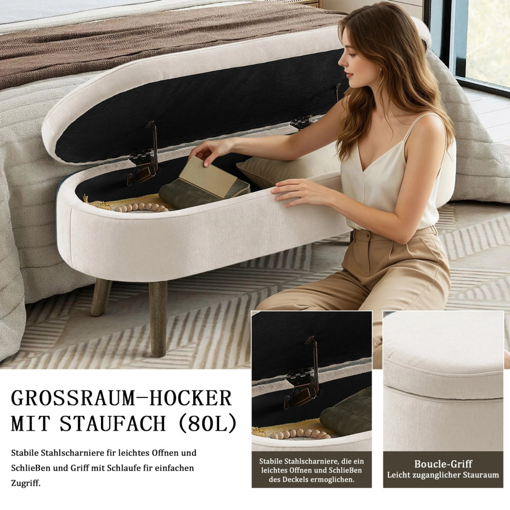 Panca contenitore ovale in chenille beige 110x40x42 cm