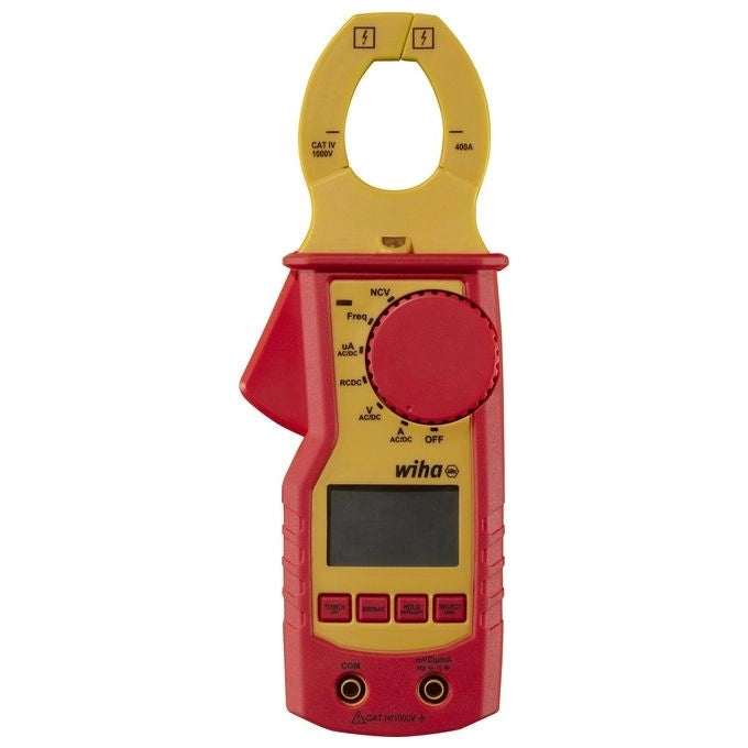 Wiha WH45219 Pinza Amperometrica fino a 1000 V AC CAT IV True RMS Corrente AC DC 400 A con Display LCD Retroilluminato e Torcia Integrata colore Rosso Giallo