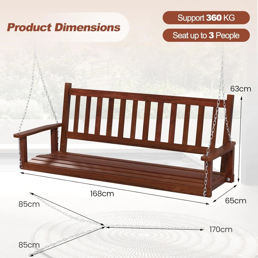 Altalena sospesa in legno per 2/3 persone con catene in metallo zincato regolabili e resistenti, con schienale a doghe e sedile per patio, giardino, 168 x 65 x 63 cm, marrone)