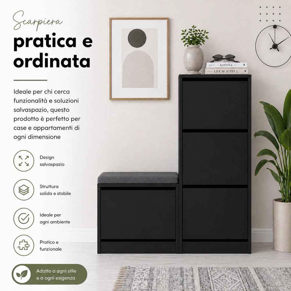 Scarpiera Salvaspazio 3 Ante Mobile Portascarpe 105x118,5 cm Multiuso Nero