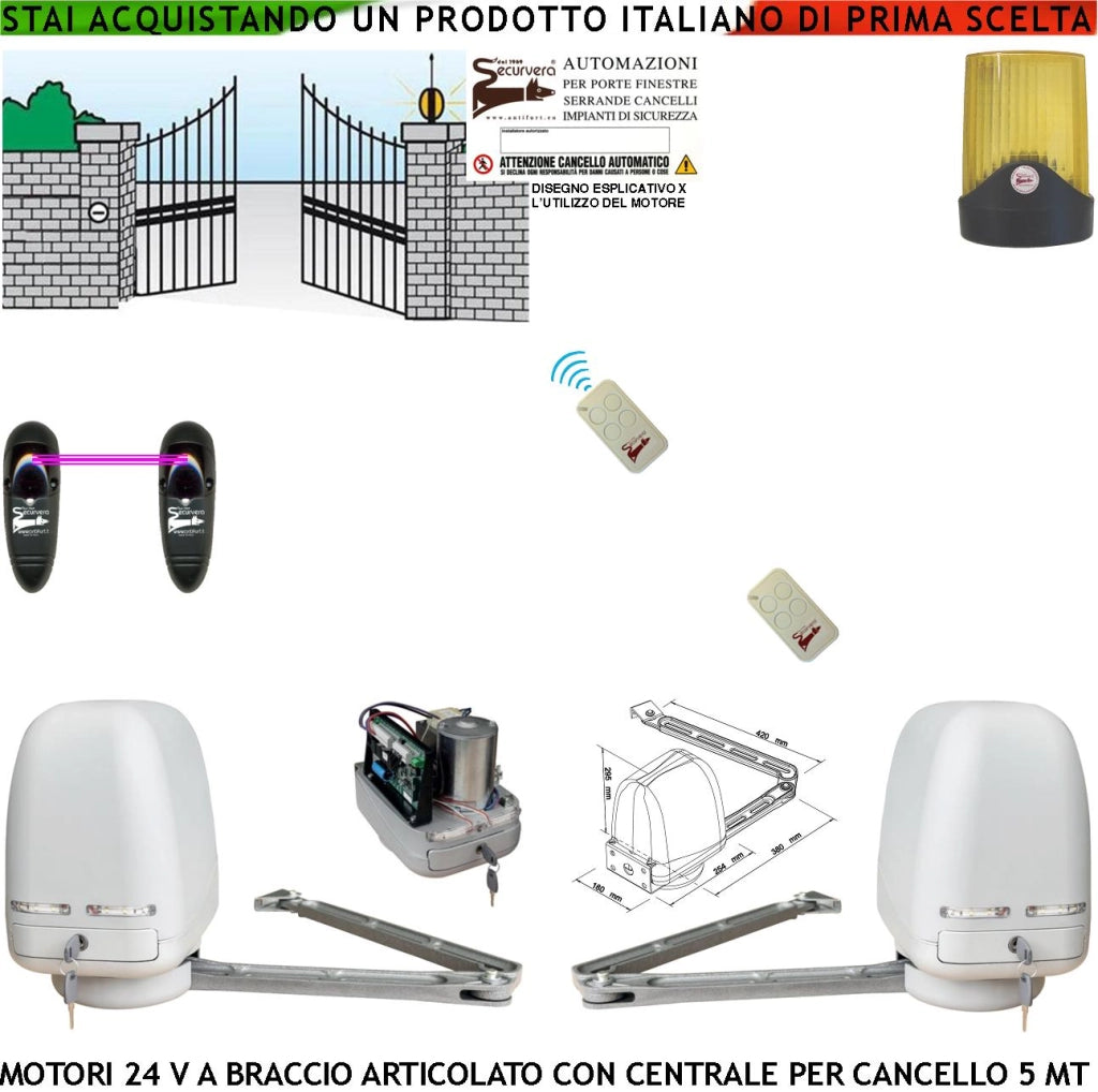 Cancello Automatico Kit Motori a Braccio Articolato 24 V 2 Ante da 0,5 a 2,5 MT Centrale 220/24 V 2 Radiocomandi Faro Fotocellule