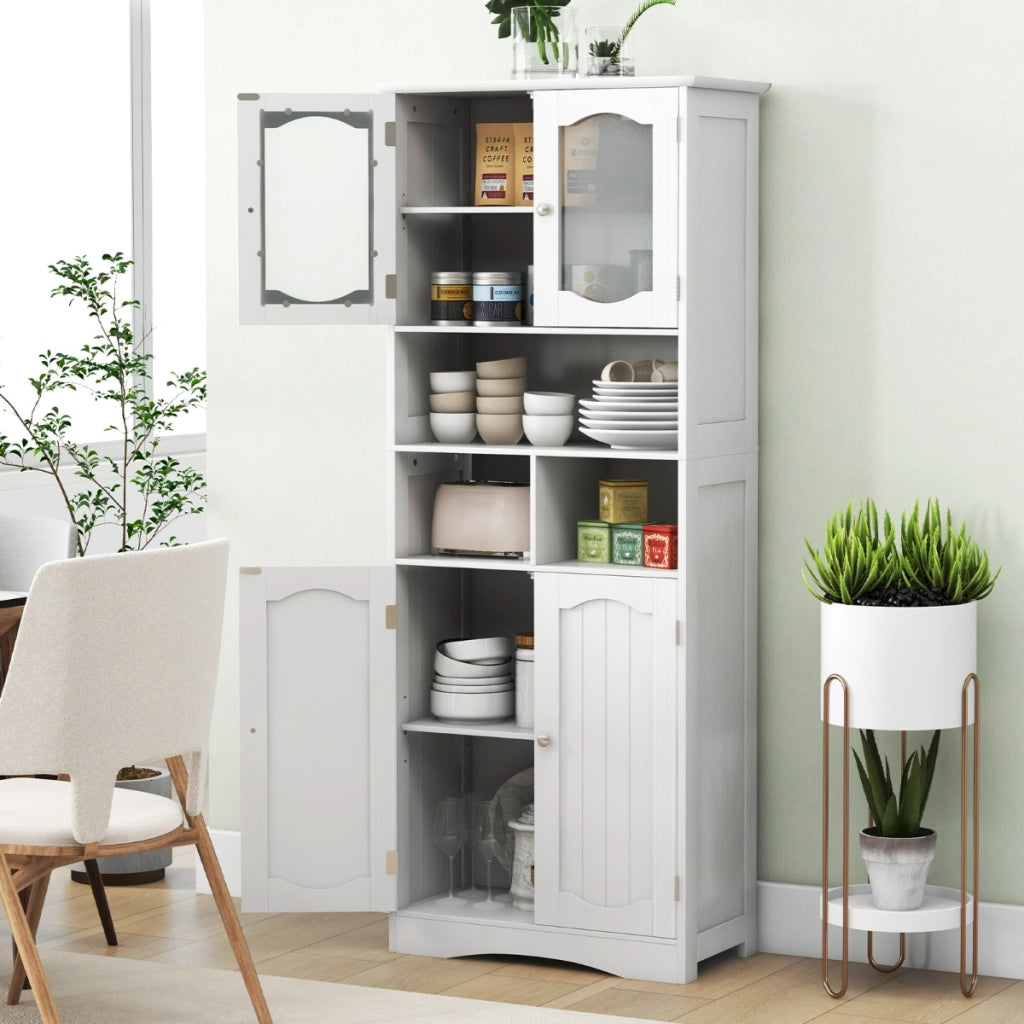 Mobile da bagno alto 148,5cm con porte in vetro satinato e ripiani-Mobile autonomo per cucina soggiorno ufficio Bianco