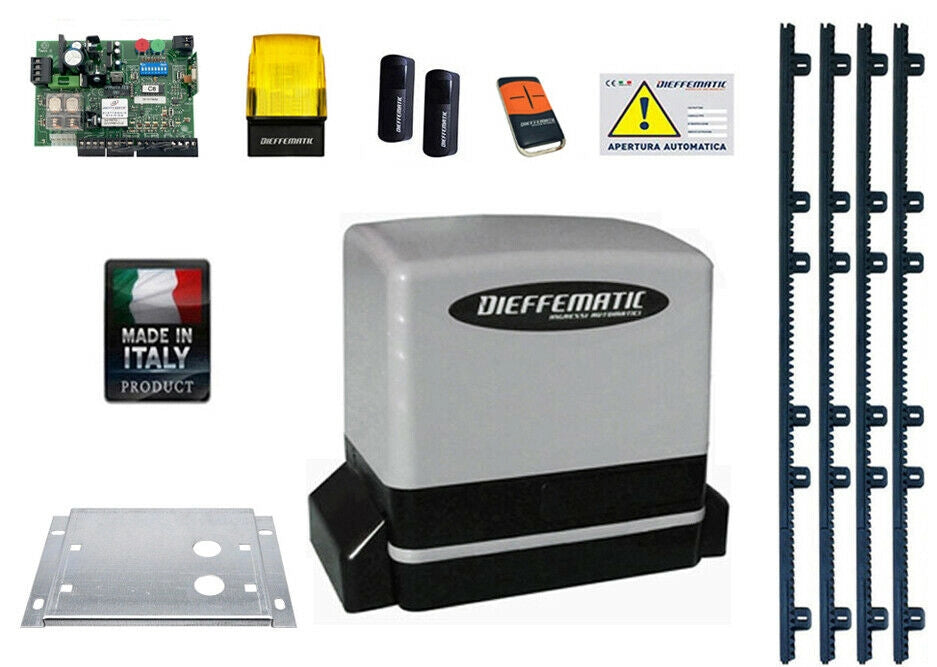 KIT COMPLETO AUTOMAZIONE CANCELLO SCORREVOLE 24V 600KG + 4M CREMAGLIERA IN NYLON