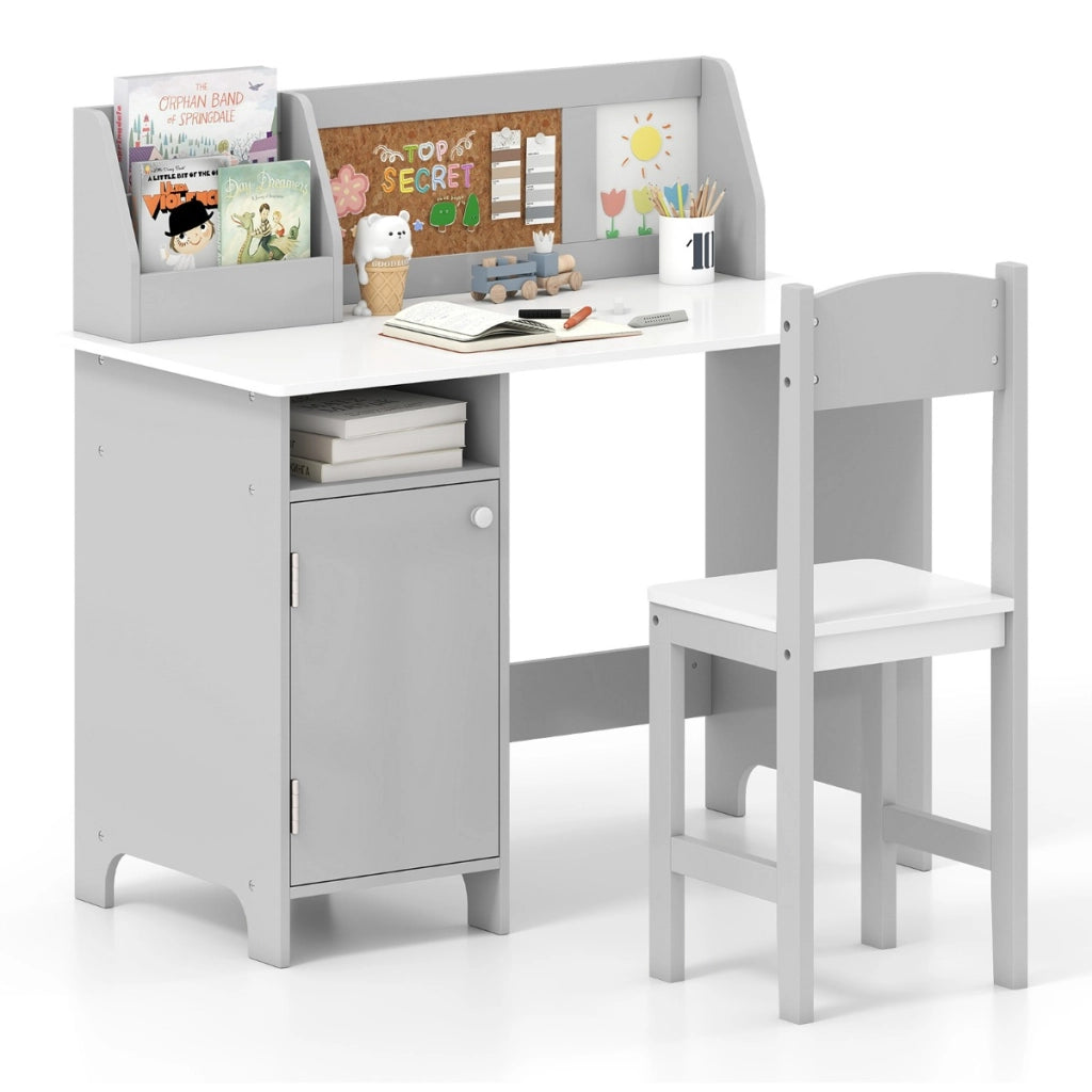 Set di scrivania e sedia per bambini in legno con scaffale armadietto bacheca, Postazione di scrittura Grigio-Tavoli e sedie