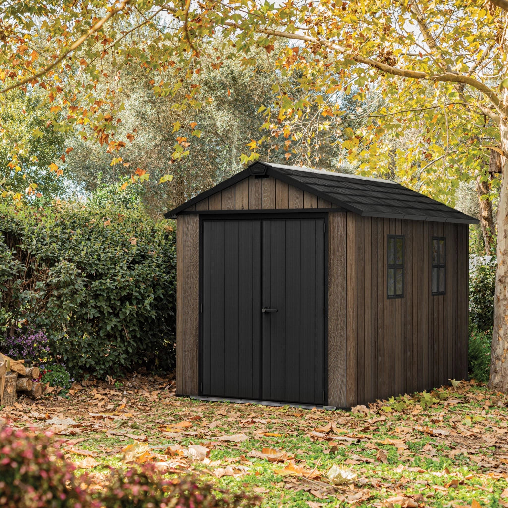 Apex 7511/1175- Casetta da Giardino 350x246x230 cm 2 Ante per deposito attrezzi finitura effetto legno Evotech+ in Resina Marrone e Nero
