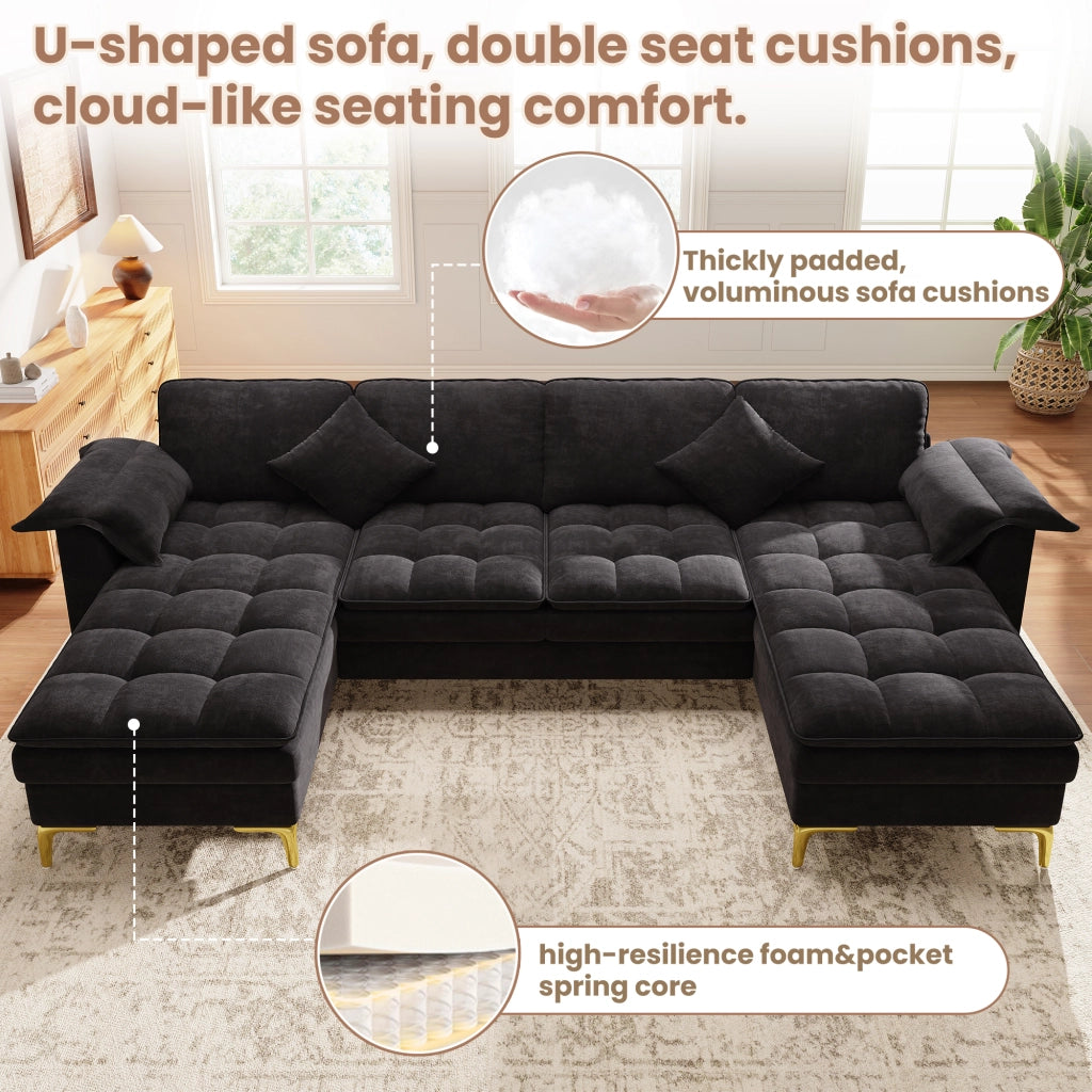 Divano angolare a U modulare con 2 chaise longue e cuscini in ciniglia nera per soggiorno 262 × 134 × 86 cm