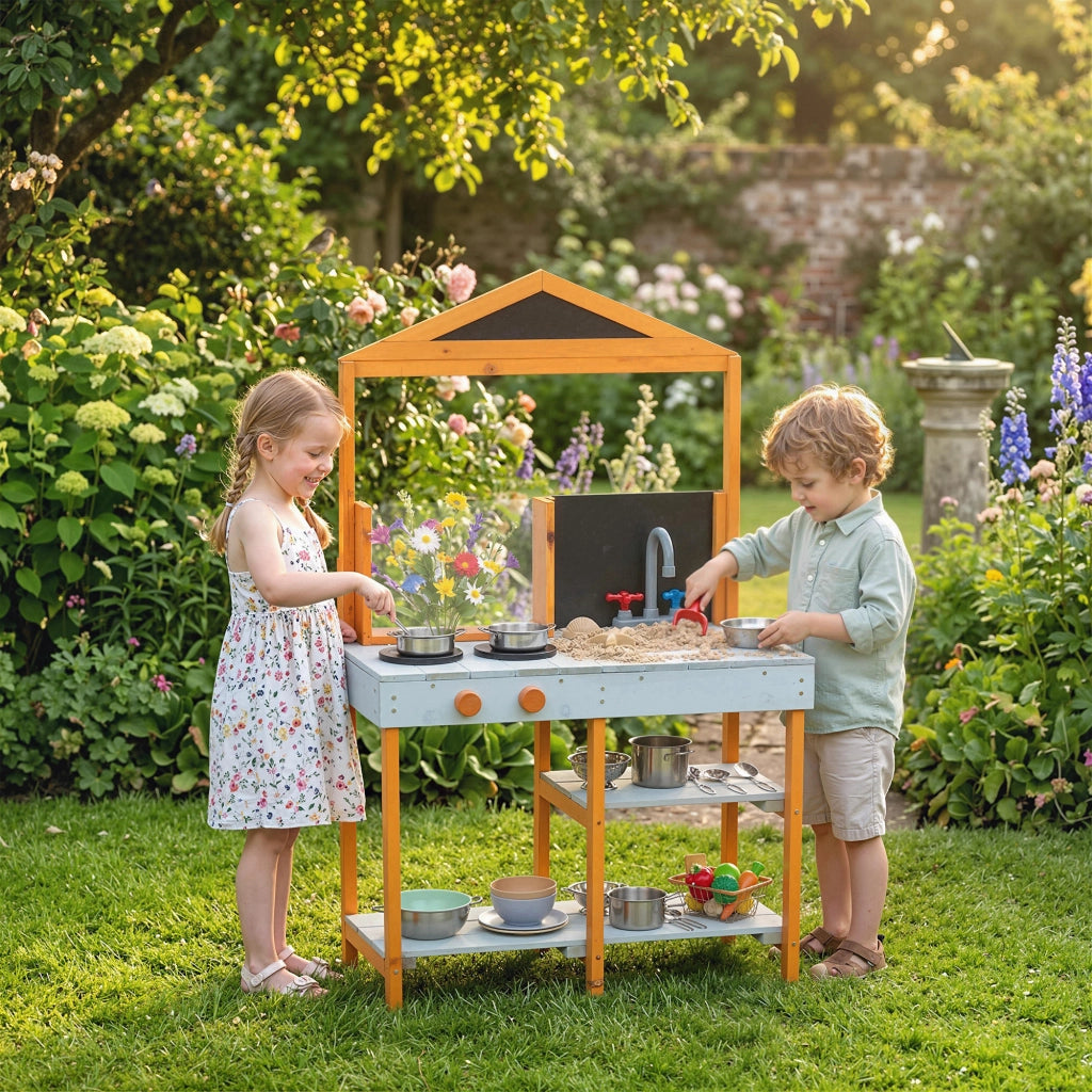 Cucina da gioco per bambini in legno per esterno con piano cottura, lavello amovibile e scaffali ¨C Minimal ¨C Blu chiaro