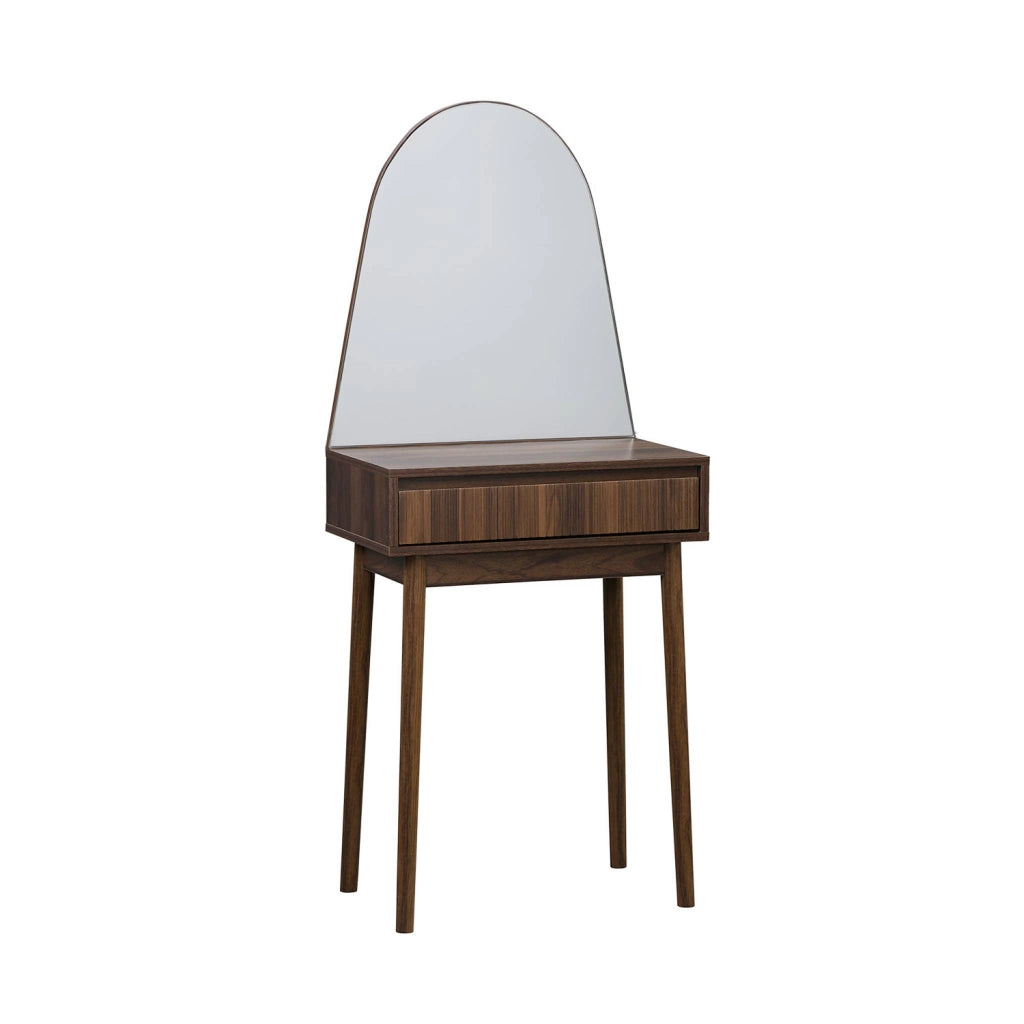 Toeletta trucco decorato in legno, specchio rotondo e 1 cassetto,