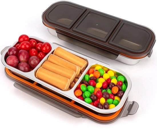 Set da snack 2 pezzi con 3 compartimenti in acciaio inossidabile, contenitore per snack ermetico con coperchio 600 ml, contenitore per snack portatile, scatola da picnic in metallo, piccola scatola per snack per verdure, frutta, salse, noci, biscotti