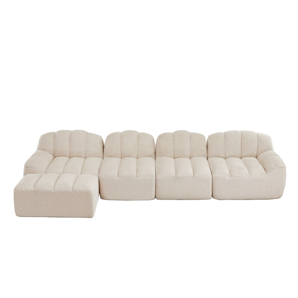 Divano Modulare 4 Posti con Poggiapiedi ¨C MINIMAL ¨C Tessuto Morbido Beige, Seduta Profonda