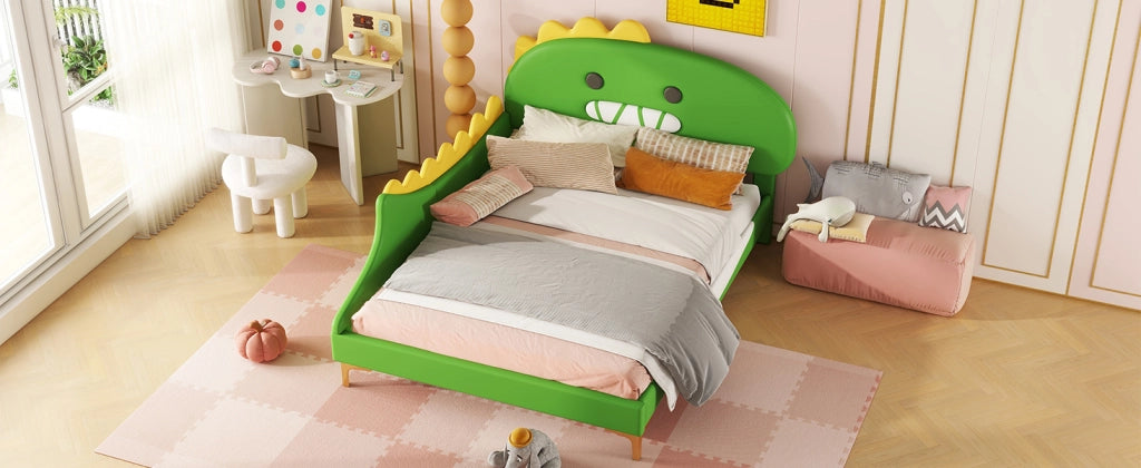 DESMIU Letto Bambini 140 × 200 cm 2 Posti con Testiera a Dinosauro, Senza Materasso, in PU e MDF, Verde