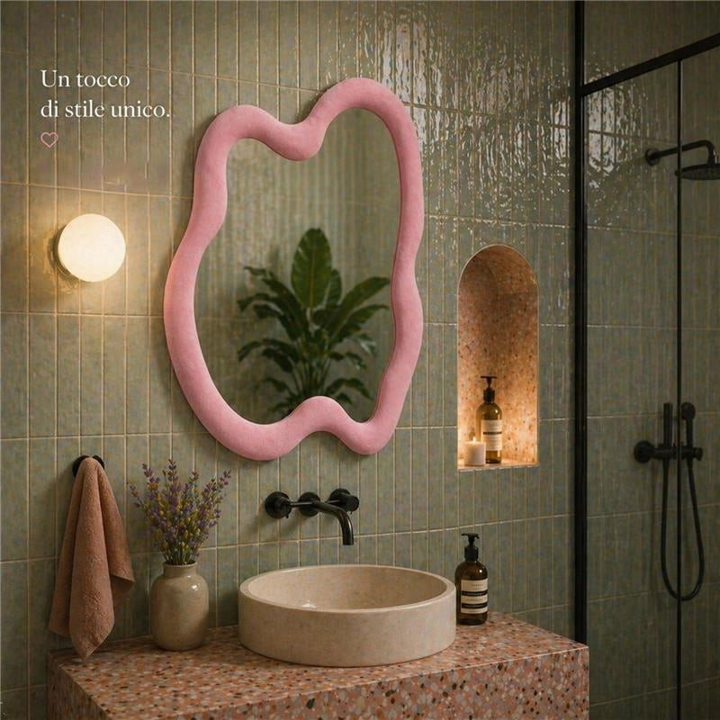 SPECCHIO ONDULATO IN VELLUTO CON GANCI PER APPENDERE DIMENSIONI 70X90X4.5CM - LINEA: CIELO COLORE ROSA