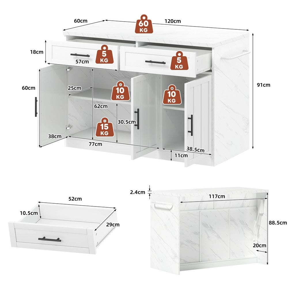 Isola Cucina con Prese Elettriche e USB ¨C Xylo ¨C Ripiani Regolabili, Portasalviette, 120x60x91 cm