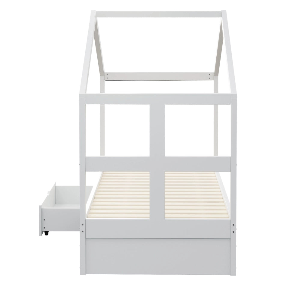 Letto a casetta 90x190 cm con cassetto; scarpiera e LED multicolore; bianco